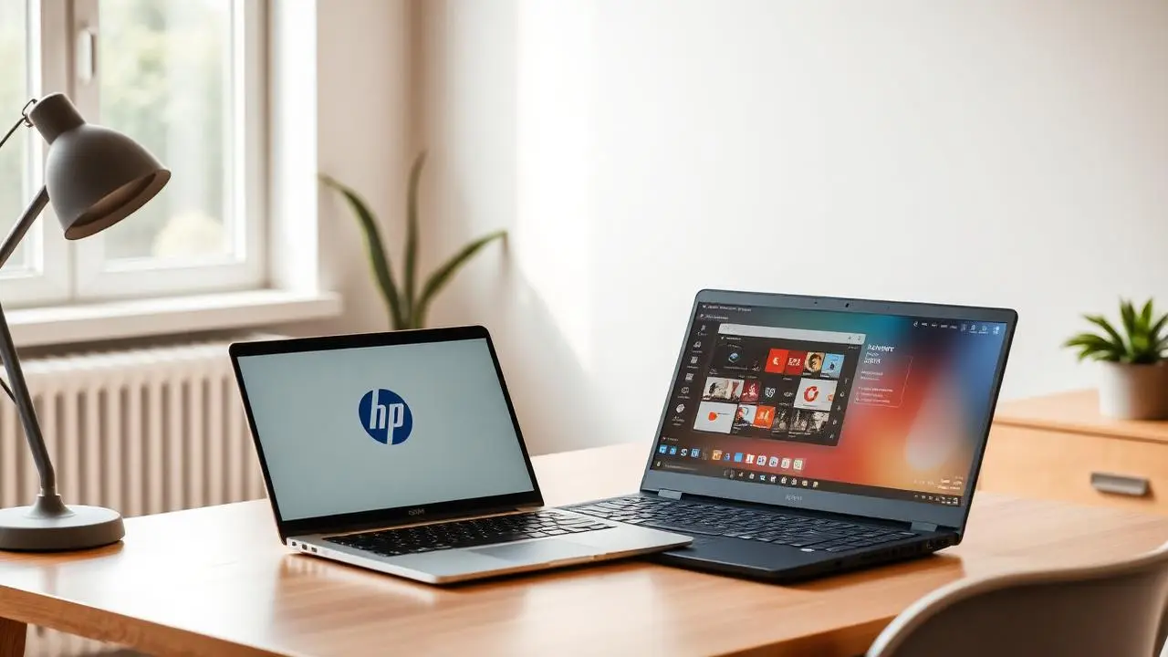 Företagsdatorer från HP och Lenovo på ett småföretagskontor med Microsoft 365